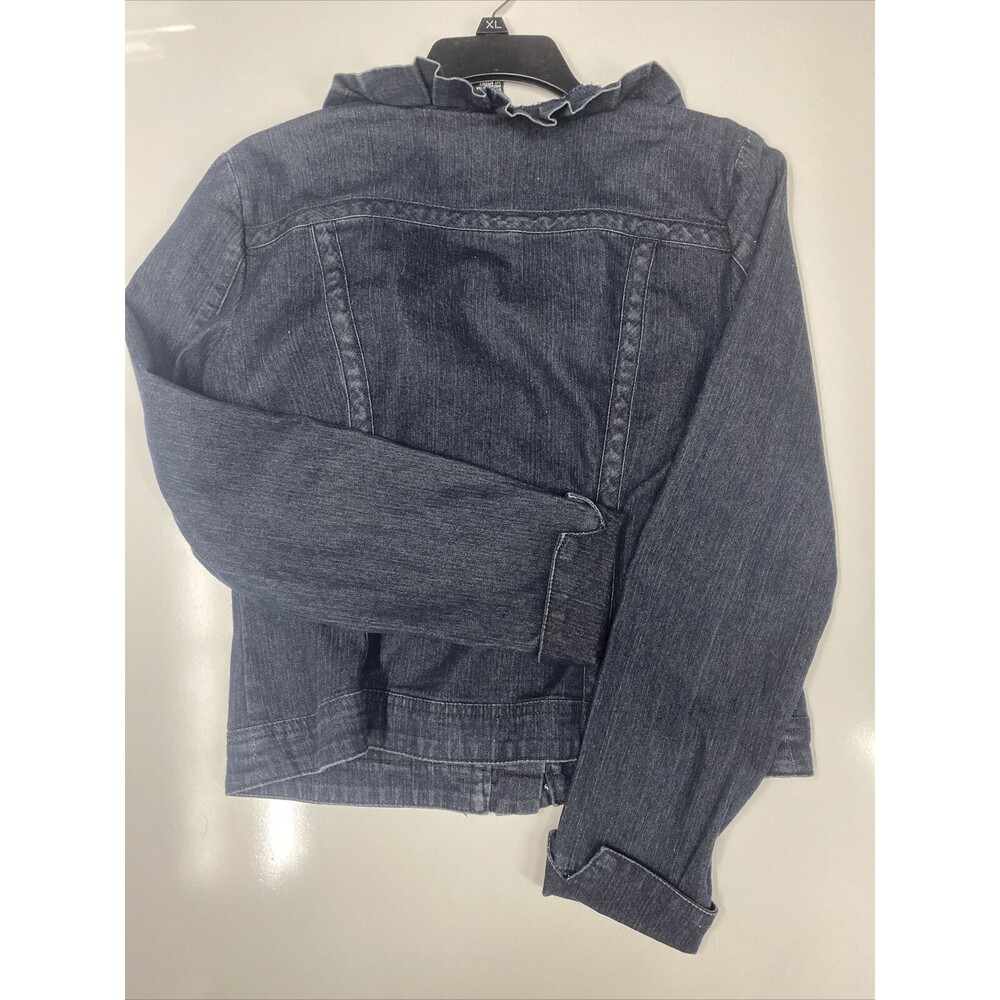 Baccini Denim Jacket Womens Size M Cotton Stretch Ruffled Open Front Dark Wash - Picture 7 of 12